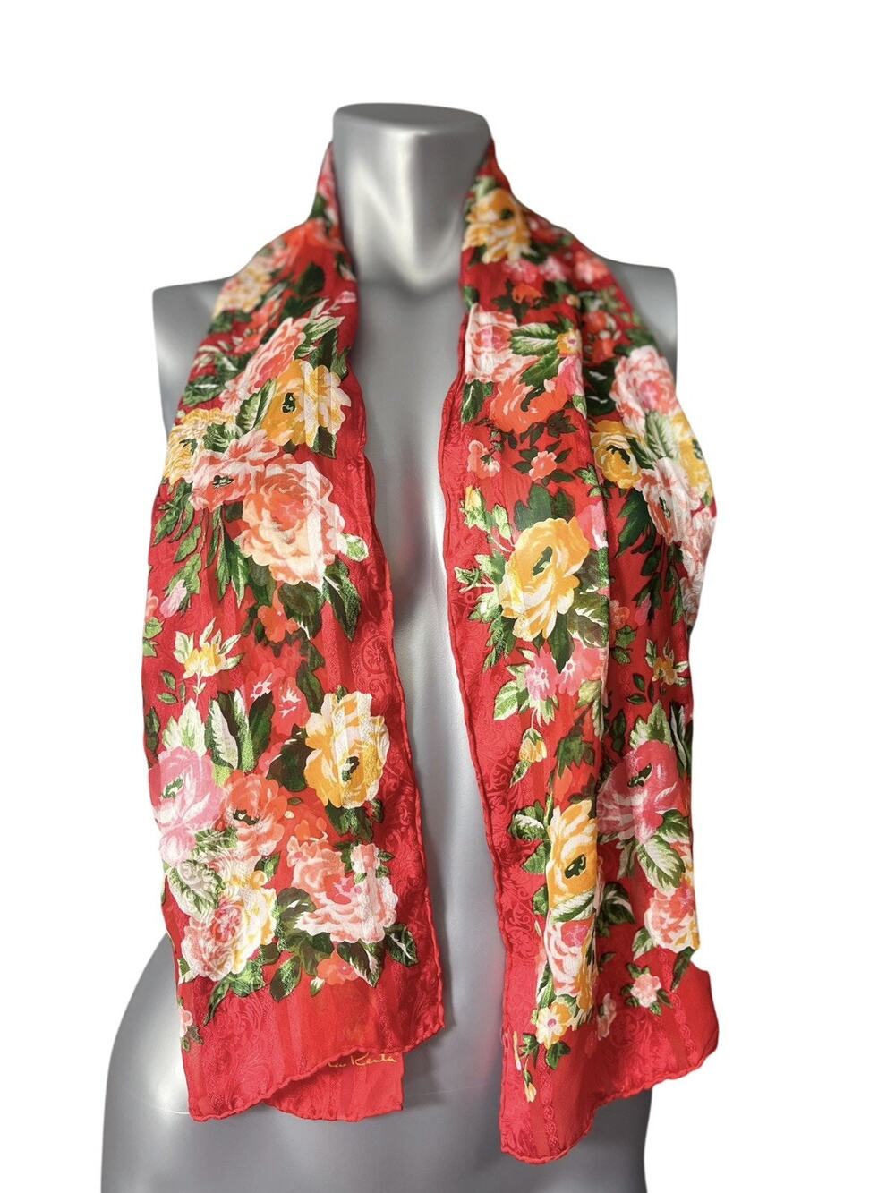 Oscar de la Renta Silk Floral Scarf Print 50” X 10.5” Sheer Rose